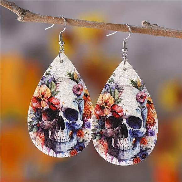 No Brand Jewelry - Halloween Flower Skull Pattern PU Leather Reversible Drop Earrings, New!
